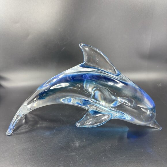 Venetian Art Glass Dolphin Sculpture Figure Blue Clear 9 Inch Wide Paperweight